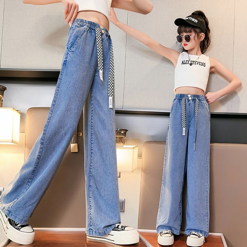 女童褲子夏季薄款2023新款中大童直筒闊腿長褲寬鬆夏裝兒童牛仔褲