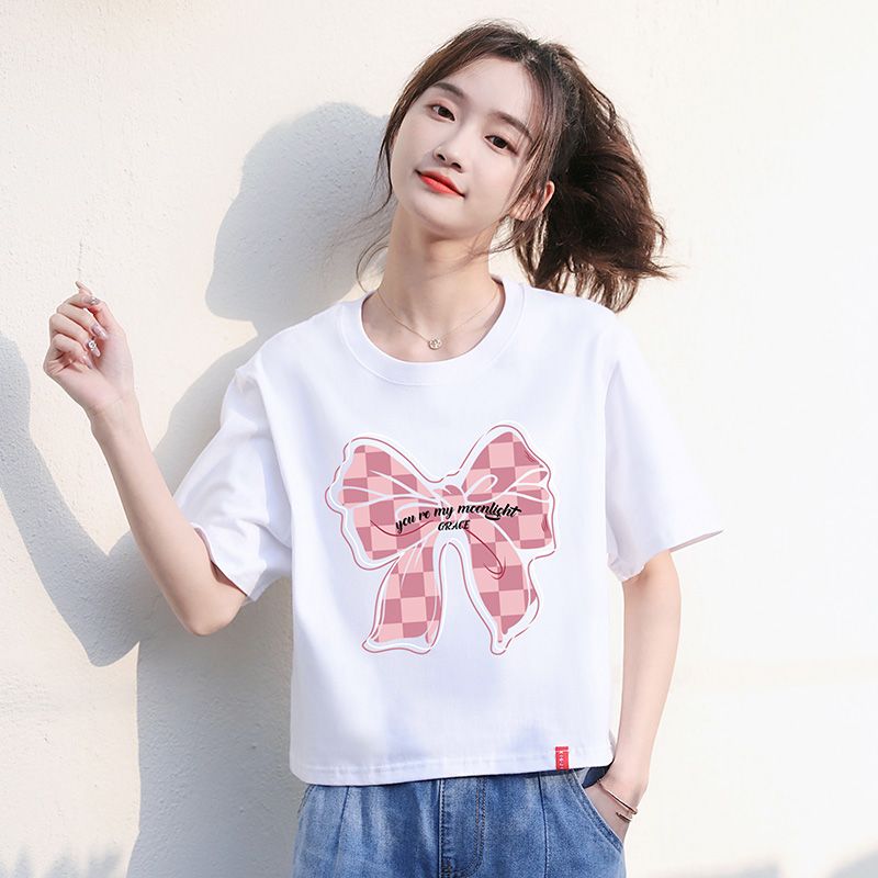 Short-sleeved short-sleeved t-shirt female students loose half-sleeved summer pure cotton all-match foreign style thin top ins