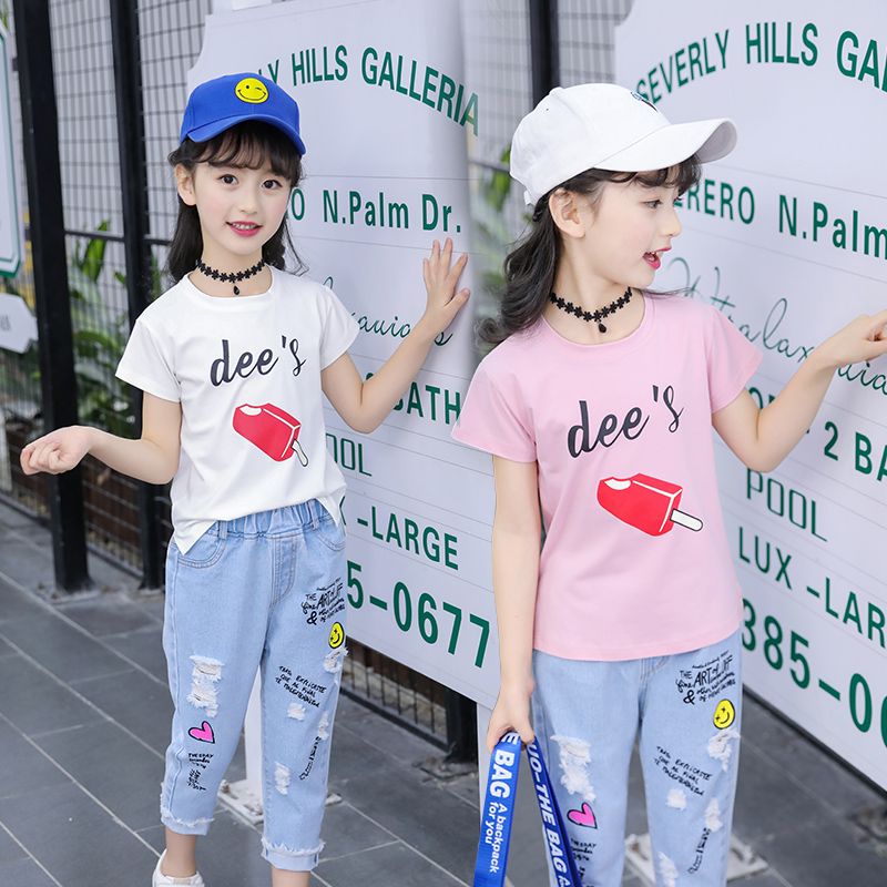女童短袖套裝夏季新款中大童休閒時尚潮衣小女孩短袖牛仔褲兩件套