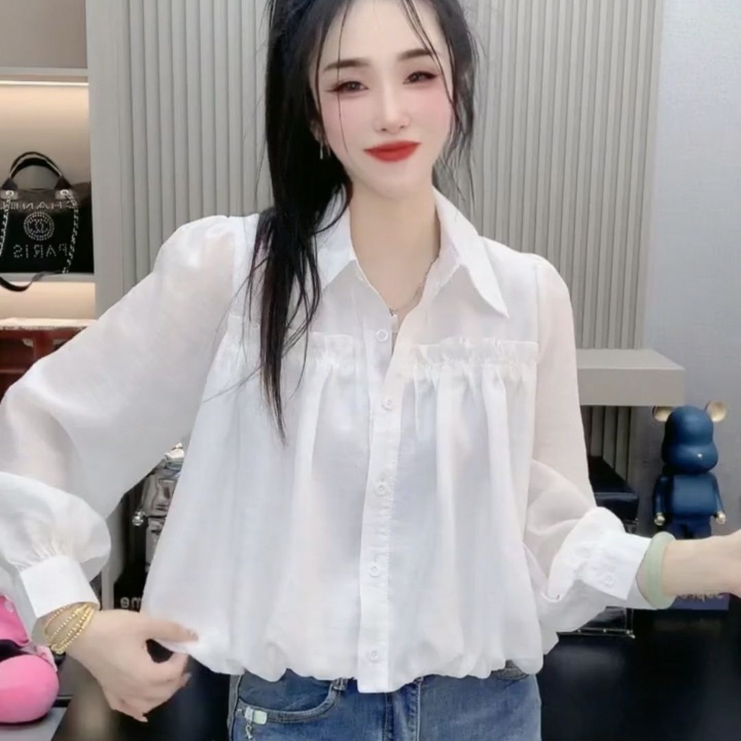 2023春夏新品女裝洋氣長袖襯衫輕薄雪紡面料時尚韓版寬鬆甜美女裝
