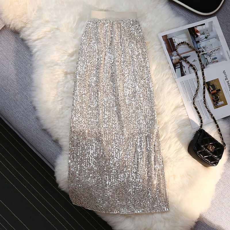 Shiny sequin skirt women's spring and summer  new high waist slim mid-length a-line bag hip one-step skirt