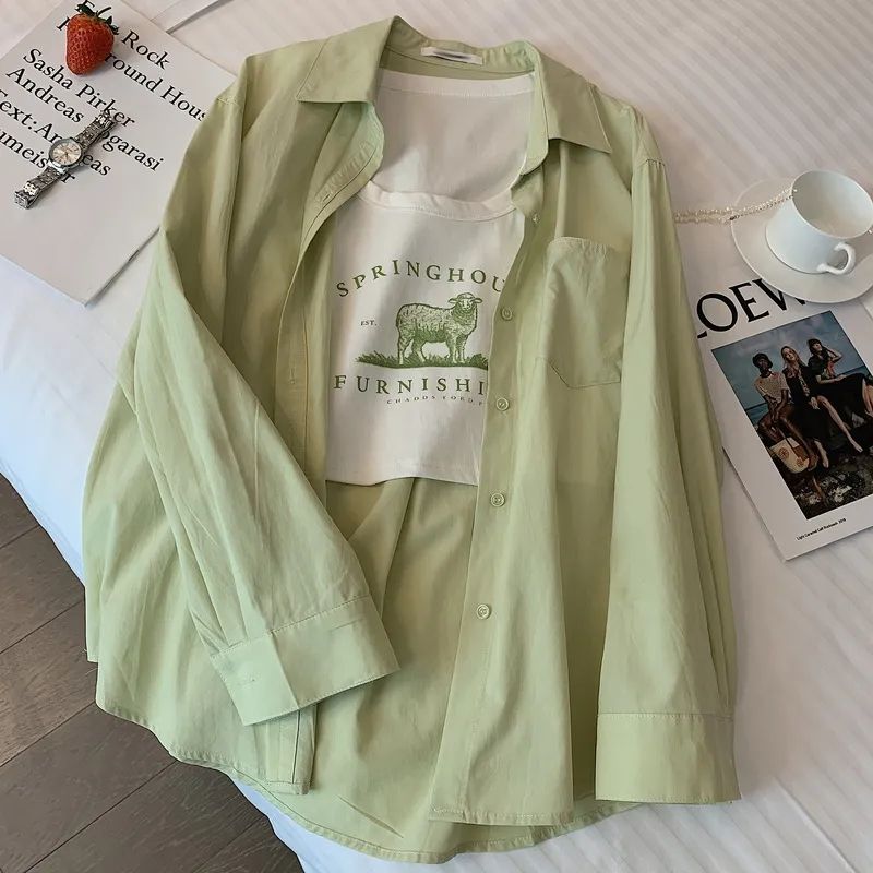 Lazy style green shirt top for women, spring and autumn Korean style loose salt style outer cardigan, versatile thin Hong Kong style jacket