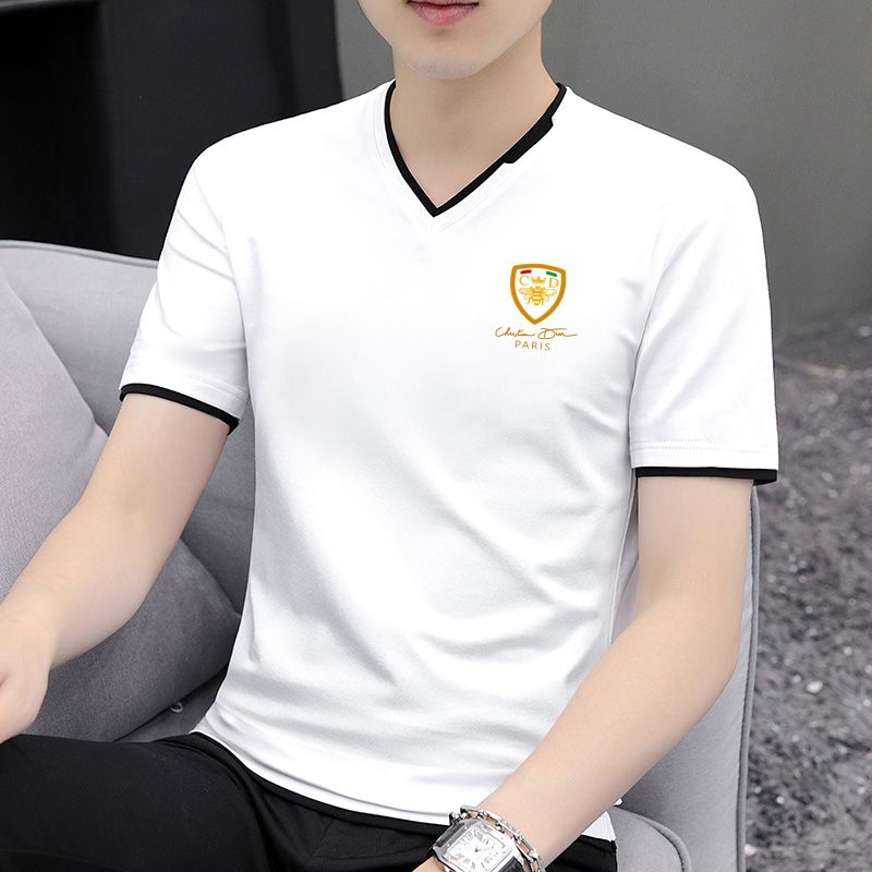 2023 new summer men's pure cotton short-sleeved T-shirt men's V-neck printed trendy t-shirt half-sleeved top clothing trend