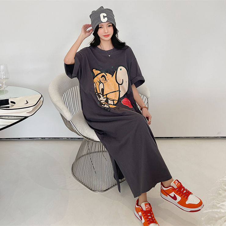 Cartoon printing super long ankle dress fat MM extra large size 300 catties loose belly cover short-sleeved T-shirt dress