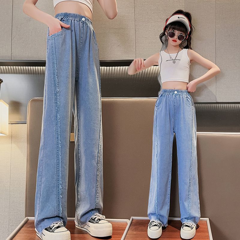 女童闊腿褲夏季薄款兒童天絲牛仔長褲2023新款女大童寬鬆夏裝褲子