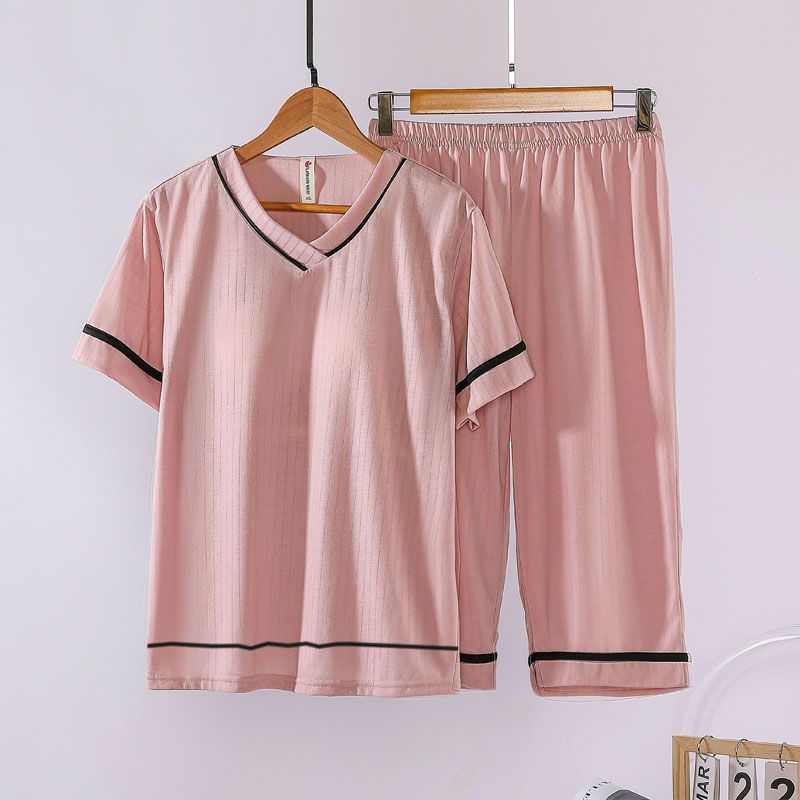 Women's summer v-neck bra-free pajamas with chest pad loose short-sleeved cropped pants high-end outer wear home service suit