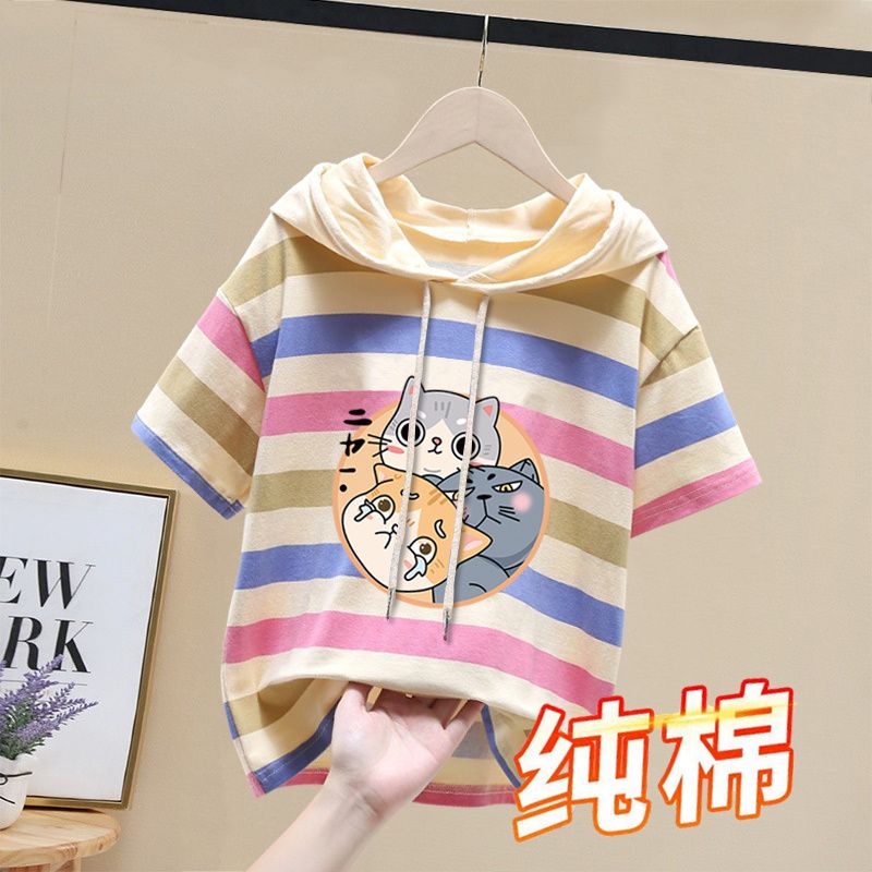 100% cotton short-sleeved striped t-shirt girls foreign style tops big children Korean version summer new hooded children's clothing tide