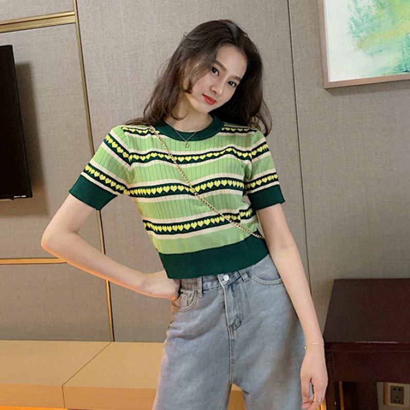 Summer new thin section knitted short-sleeved T-shirt women's avocado green ice silk striped short Hyuna wind top
