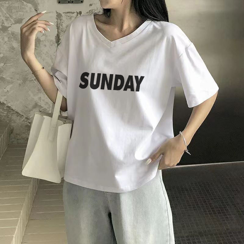 純棉短袖女2023新款夏季女生短袖衫V領寬鬆白色t恤女裝學生上衣潮