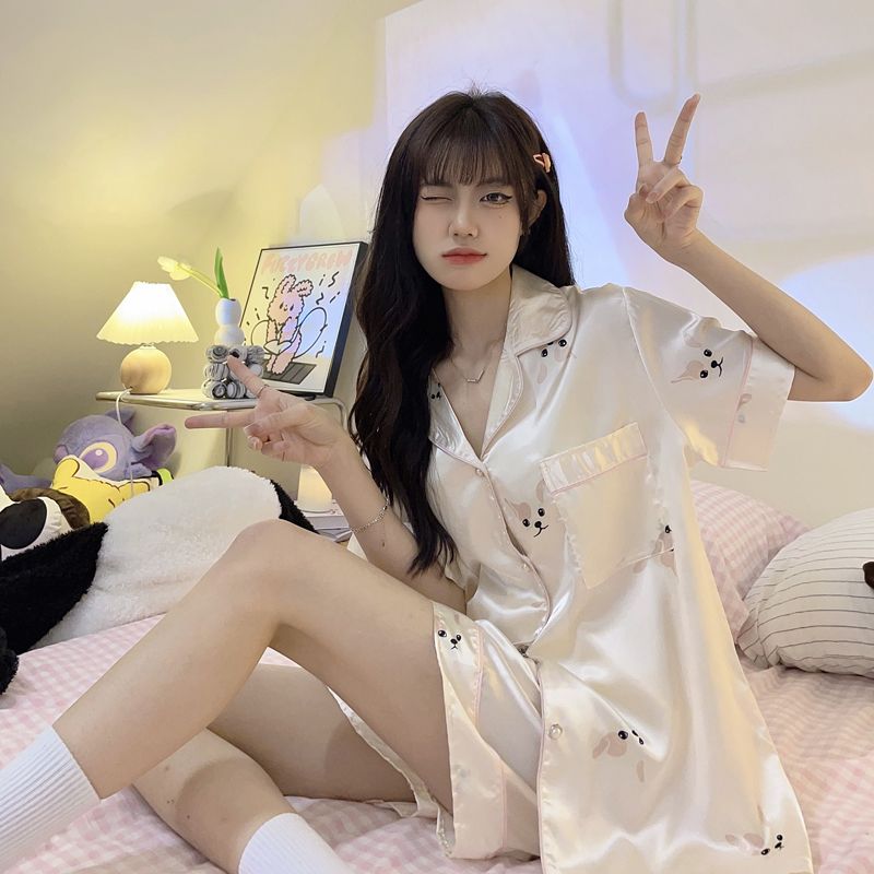 Pajamas women's summer ice silk thin section short-sleeved ins style high-value ice silk student cute home service suit summer