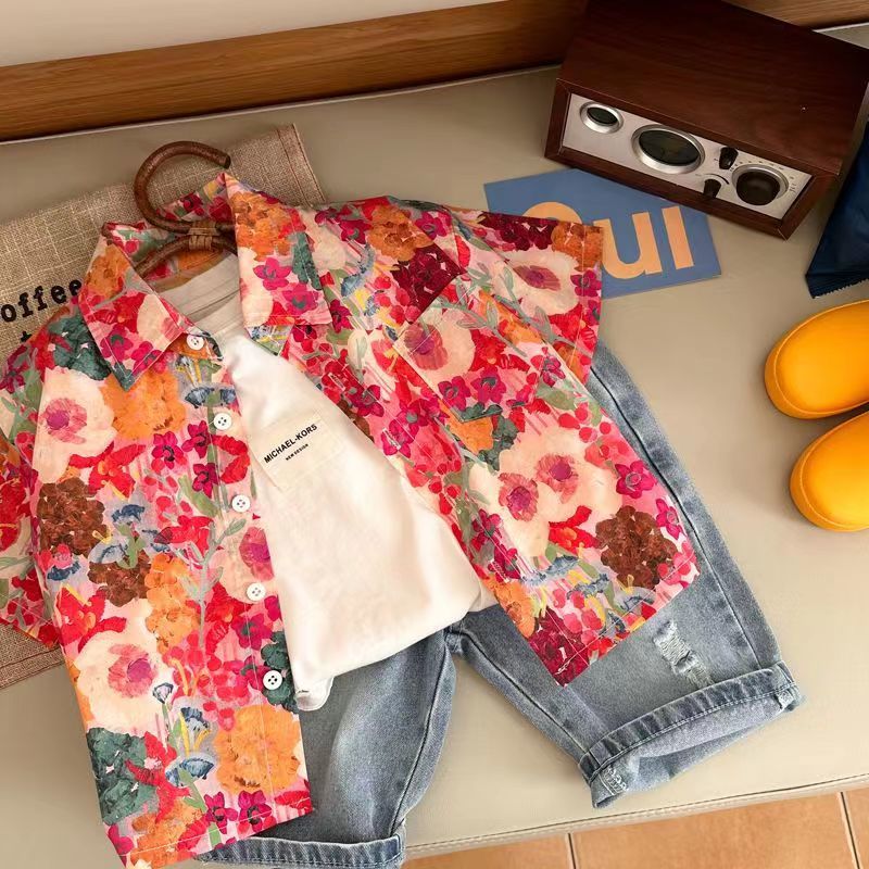 Children's floral shirts, boys' summer popular casual tops for children and middle-aged children, Internet celebrity baby beach style shirts, short-sleeved trendy