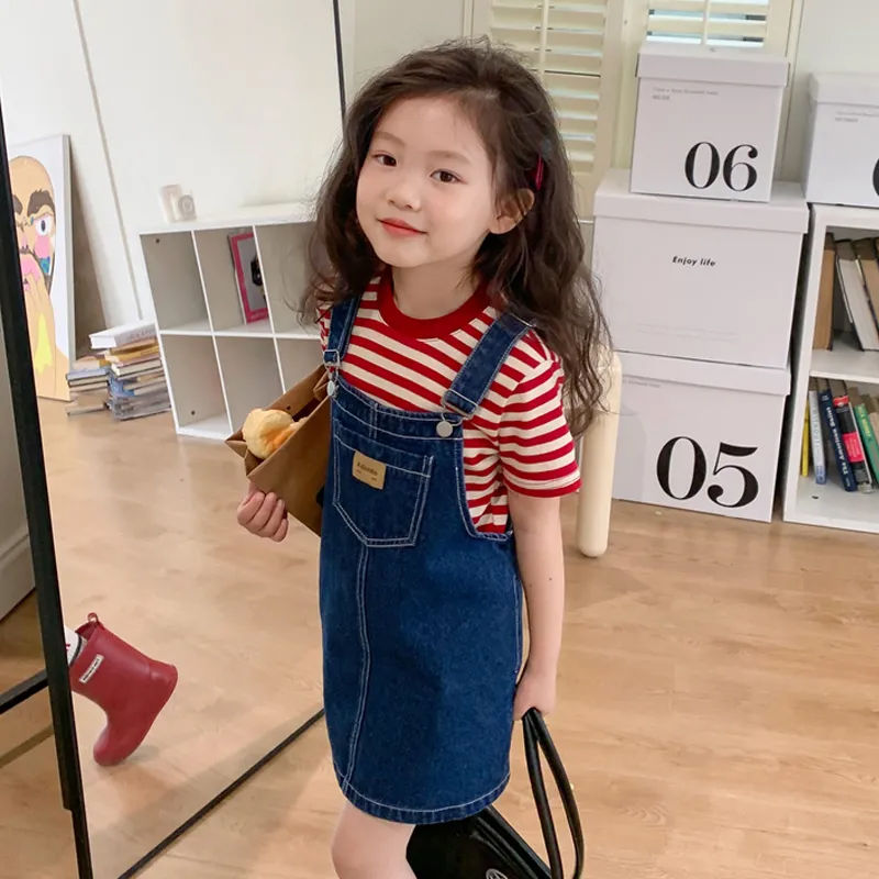 女童夏裝2023新款兒童裙子條紋短袖套裝寶寶連衣裙洋氣牛仔背帶裙