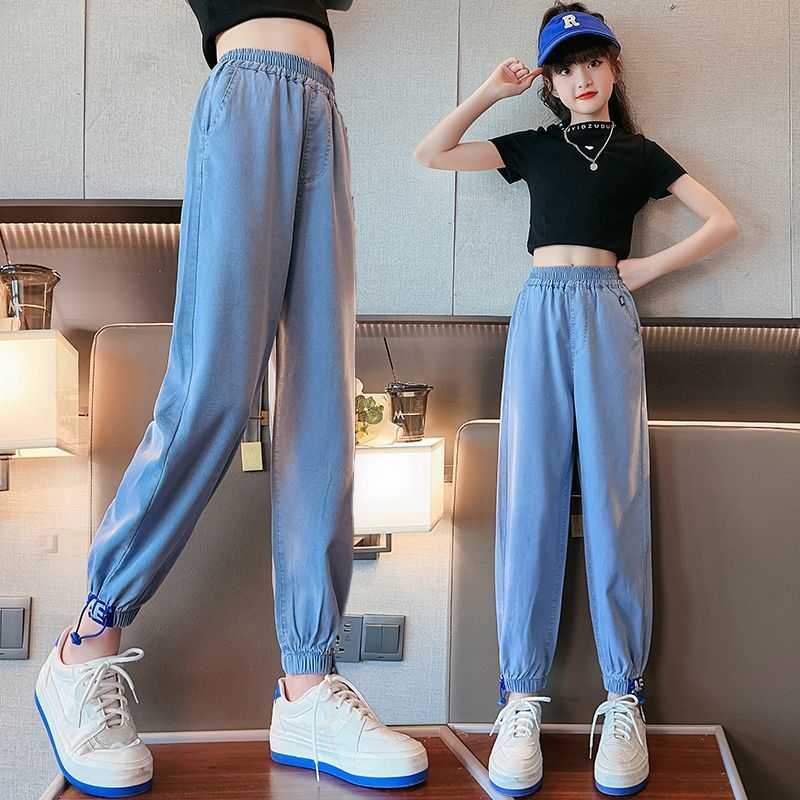 女童褲子夏季薄款2023新款大童夏裝防蚊褲女孩天絲牛仔褲兒童長褲