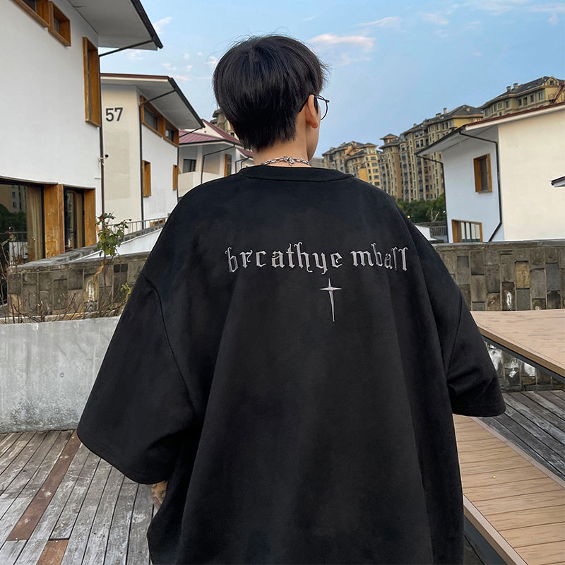 美式復古t恤男夏季麂皮絨刺繡短袖上衣高街潮牌寬鬆休閒半袖體恤