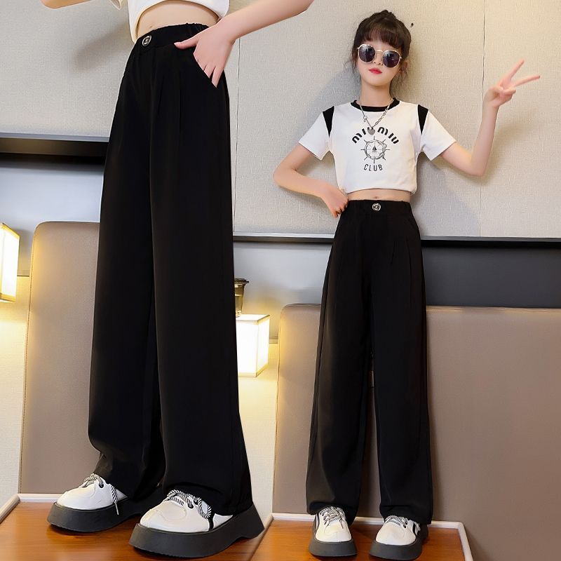 女童冰絲防蚊褲2023夏季新款中大童韓版洋氣寬鬆闊腿直筒西裝長褲