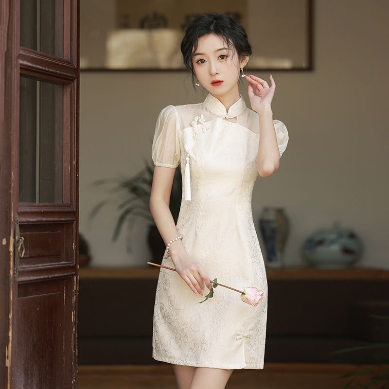 國潮旗袍短款國風精緻款少女夏季法式小個子日常款顯高清冷連衣裙