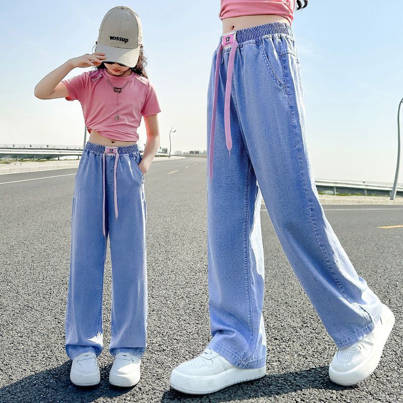 女童夏季天絲牛仔闊腿褲中大童裝夏裝直筒長褲薄款寬鬆休閒防蚊褲