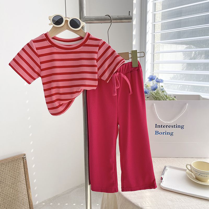 Girls summer fashion suit foreign style children's striped short-sleeved T-shirt baby top anti-mosquito pants kid wide-leg pants