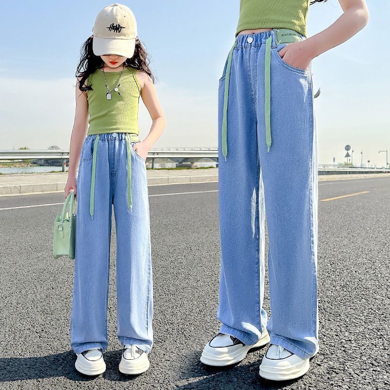 女童天絲牛仔褲夏季薄款2023新款洋氣時髦中大童夏裝兒童闊腿褲子