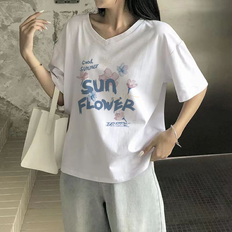 純棉短袖女2023新款夏季女生短袖衫V領寬鬆白色t恤女裝學生上衣潮