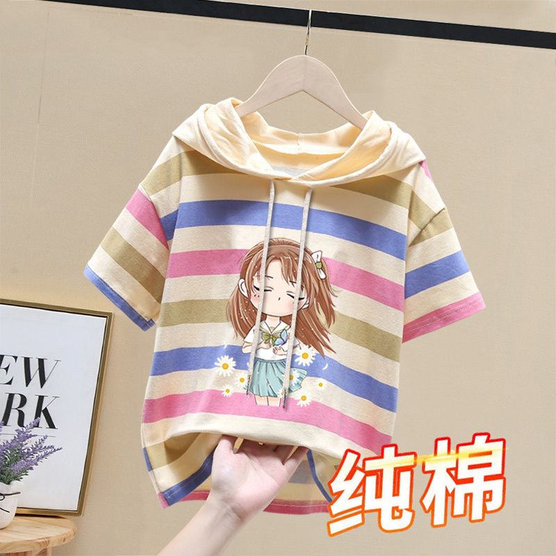100% cotton short-sleeved striped t-shirt girls foreign style tops big children Korean version summer new hooded children's clothing tide