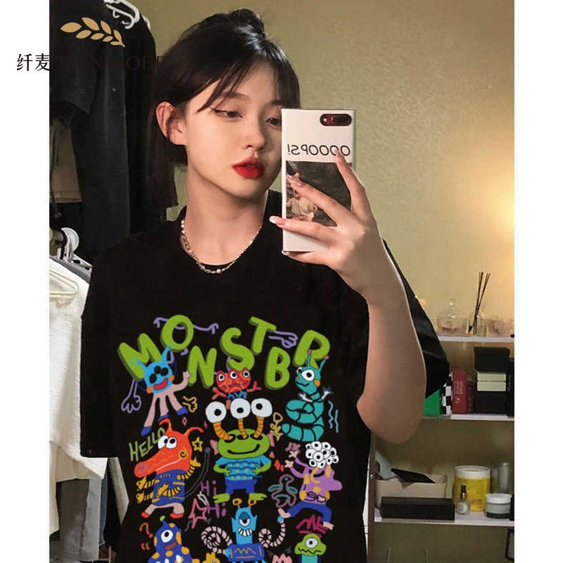 纖麥100%純棉oversize短袖T恤女夏季新款卡通設計感學生上衣ins潮