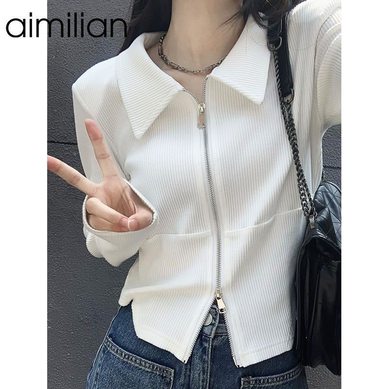 aimilian美式辣妹正肩長袖t恤女春夏季修身顯瘦獨特别致短款上衣