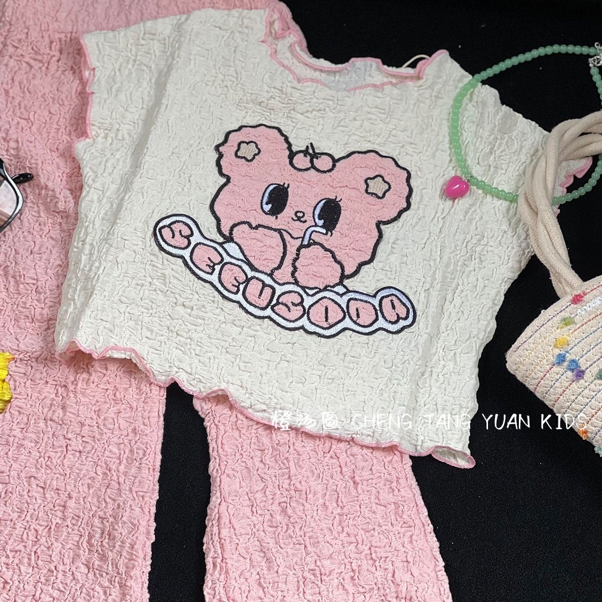 Girls ins summer new Korean version of short-sleeved micro-flared pants baby girl cute seersucker top pink T-shirt set