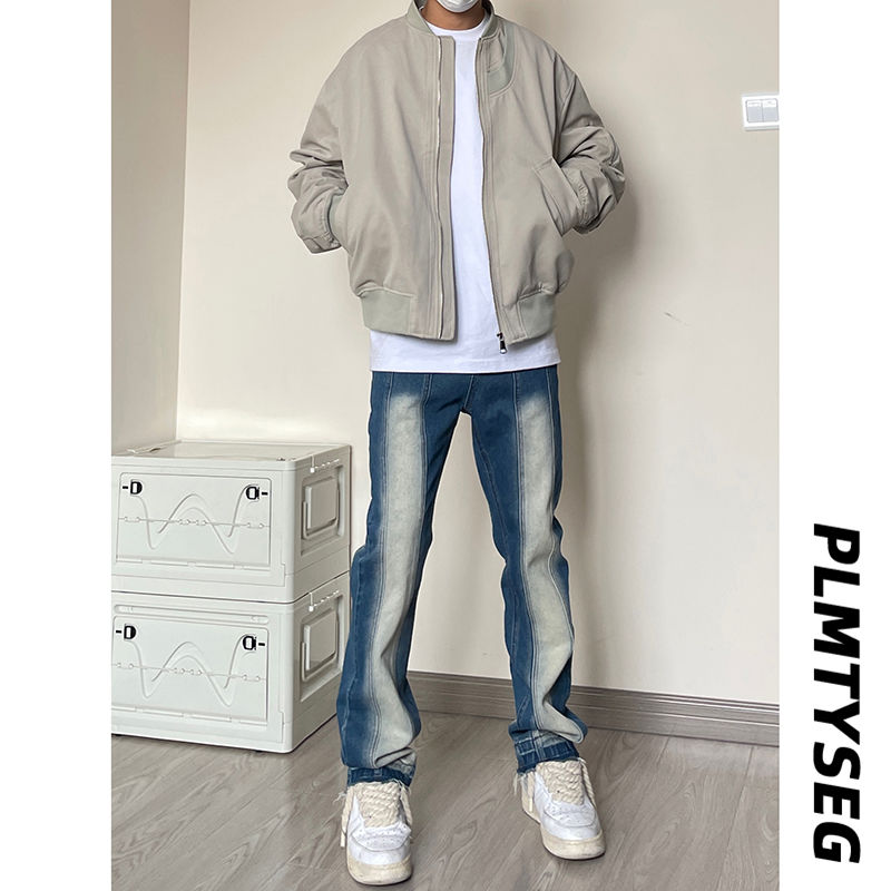 歐美hiphop水洗漸變毛邊復古牛仔褲男潮牌修身小腳直筒工裝休閒褲