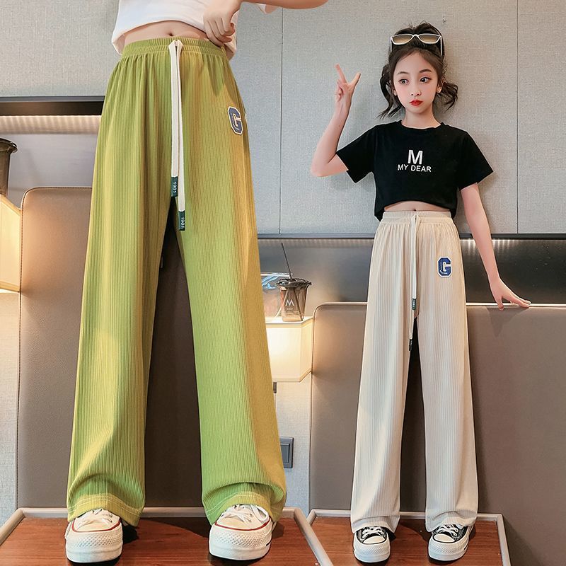 女童冰絲闊腿褲夏季兒童褲子寬鬆直筒休閒褲女大童夏裝薄款防蚊褲