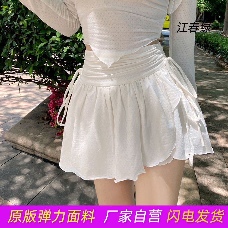 Pure desire style white skirt women's foreign style drawstring pleated a-line short skirt pants high waist anti-light irregular skirt