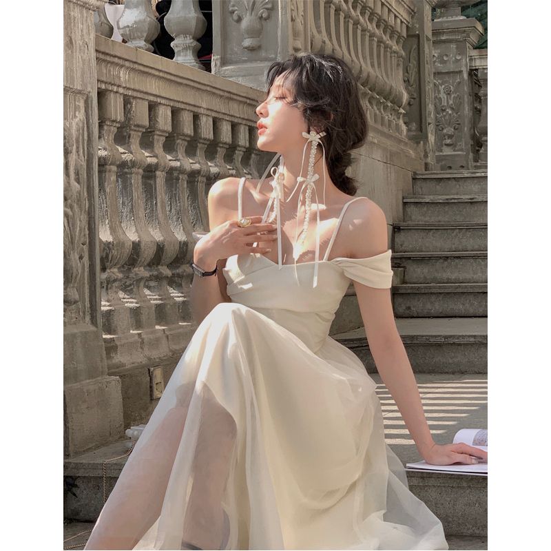 Fairy mesh dress women's French tea break waist a-line high-end niche design long skirt
