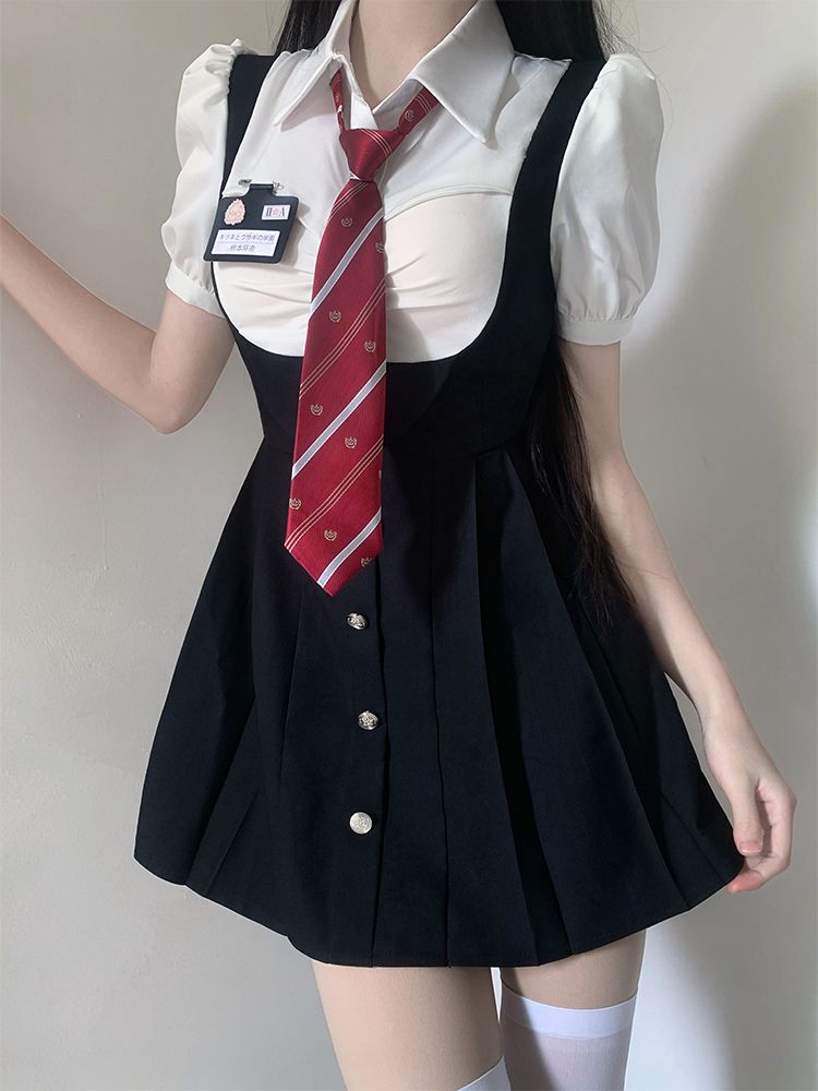 美式校園純欲學姐連衣裙夏季辣妹收腰jk制服百褶裙假兩件短袖裙子