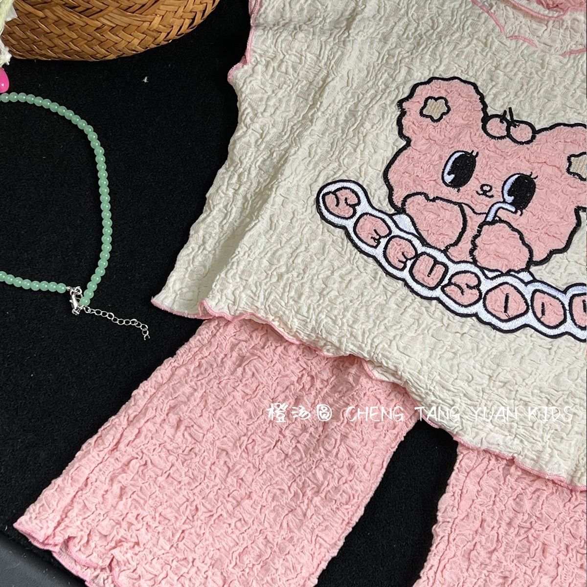 Girls ins summer new Korean version of short-sleeved micro-flared pants baby girl cute seersucker top pink T-shirt set