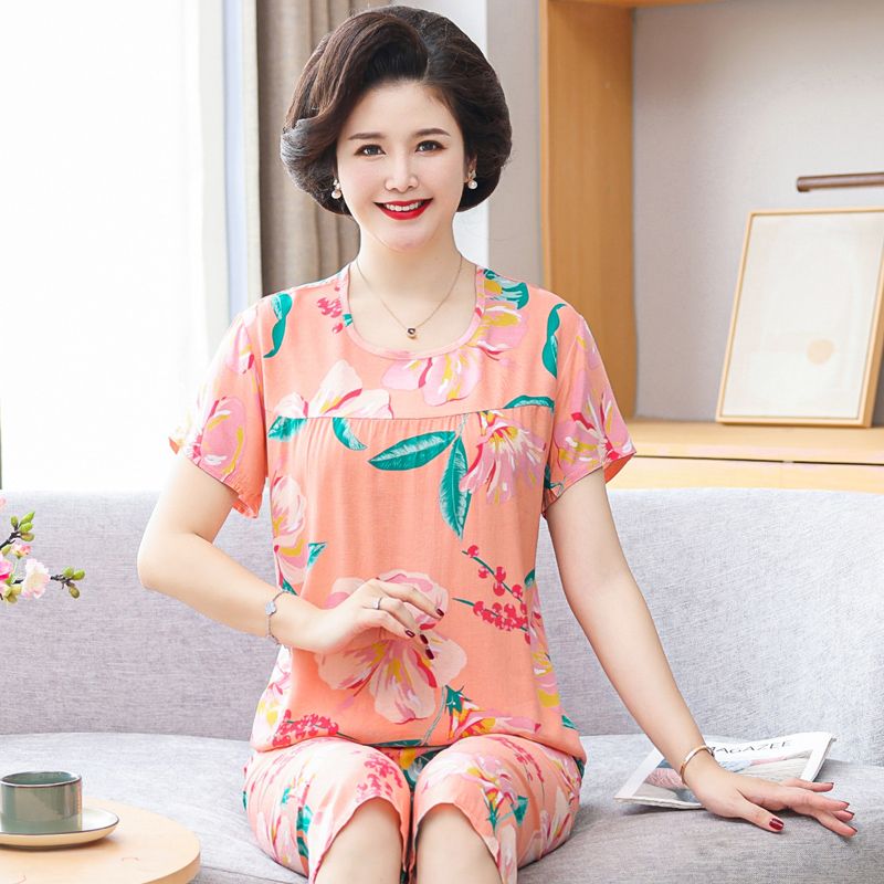 媽媽人造棉家居服綿綢短袖老人寬鬆夏季兩件套裝中老年棉綢睡衣女
