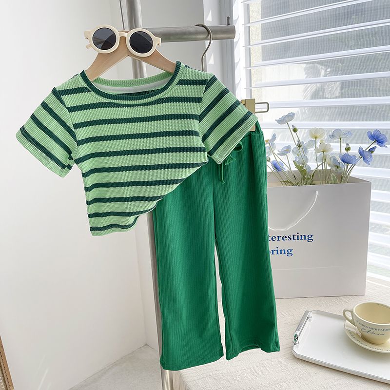 Girls summer fashion suit foreign style children's striped short-sleeved T-shirt baby top anti-mosquito pants kid wide-leg pants
