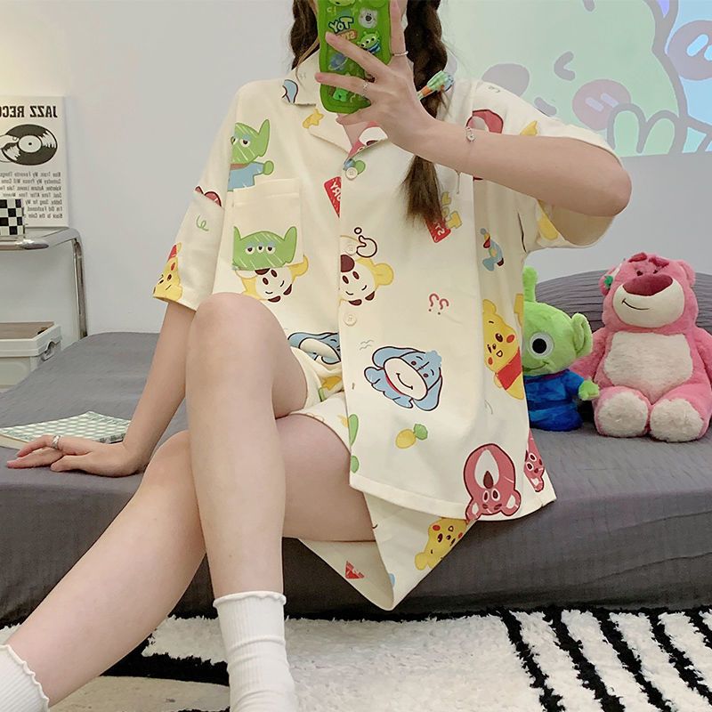 Ins style new pajamas women's summer short-sleeved net red hot style high-end cartoon cute home clothes two-piece summer suit