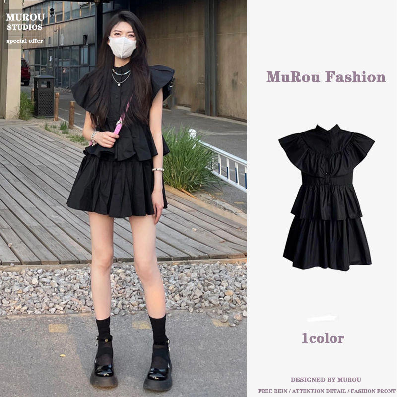 French dress women's waist slimming high-end chic unique little black dress flying sleeves cake short skirt summer
