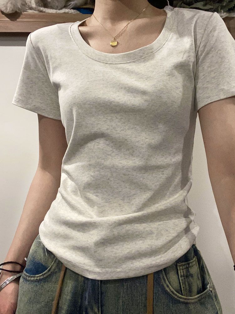 [Positive Shoulder Pure Cotton] U-neck collarbone beautiful top T-shirt women's all-match basic short-sleeved western-style bottoming shirt tide