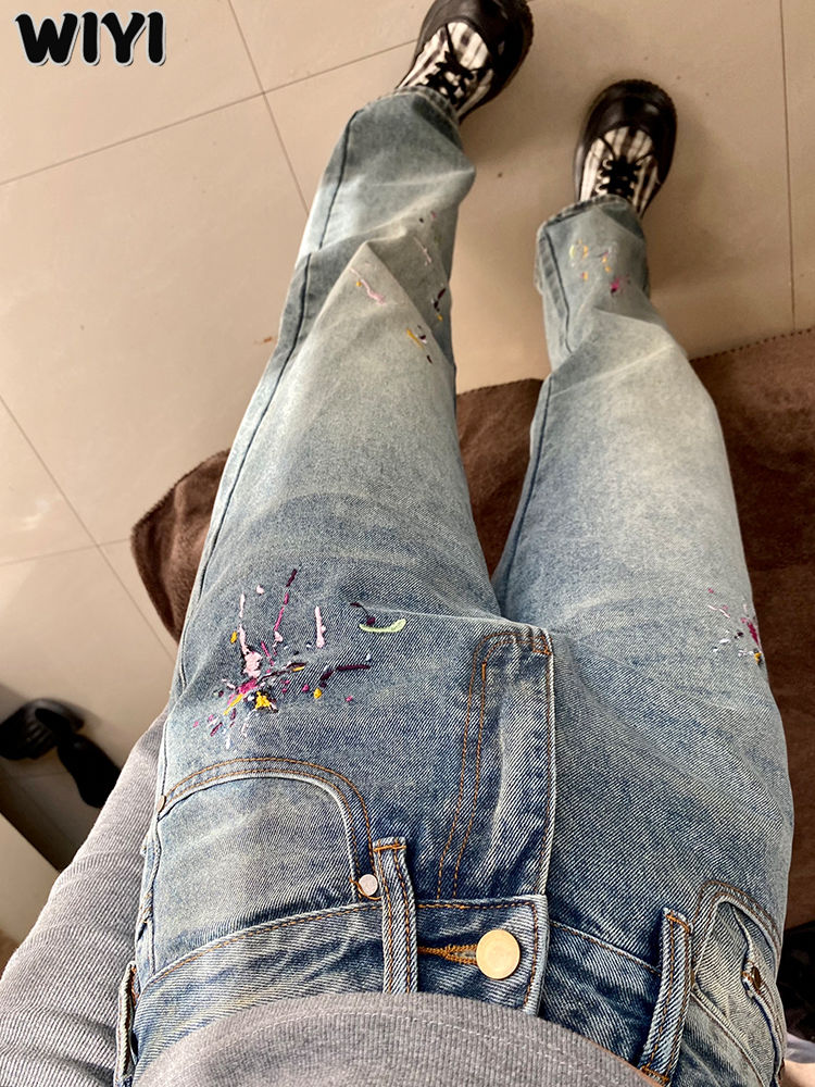 WIYI 淺色刺繡復古直筒牛仔褲女春夏新款高腰寬鬆顯瘦設計感長褲