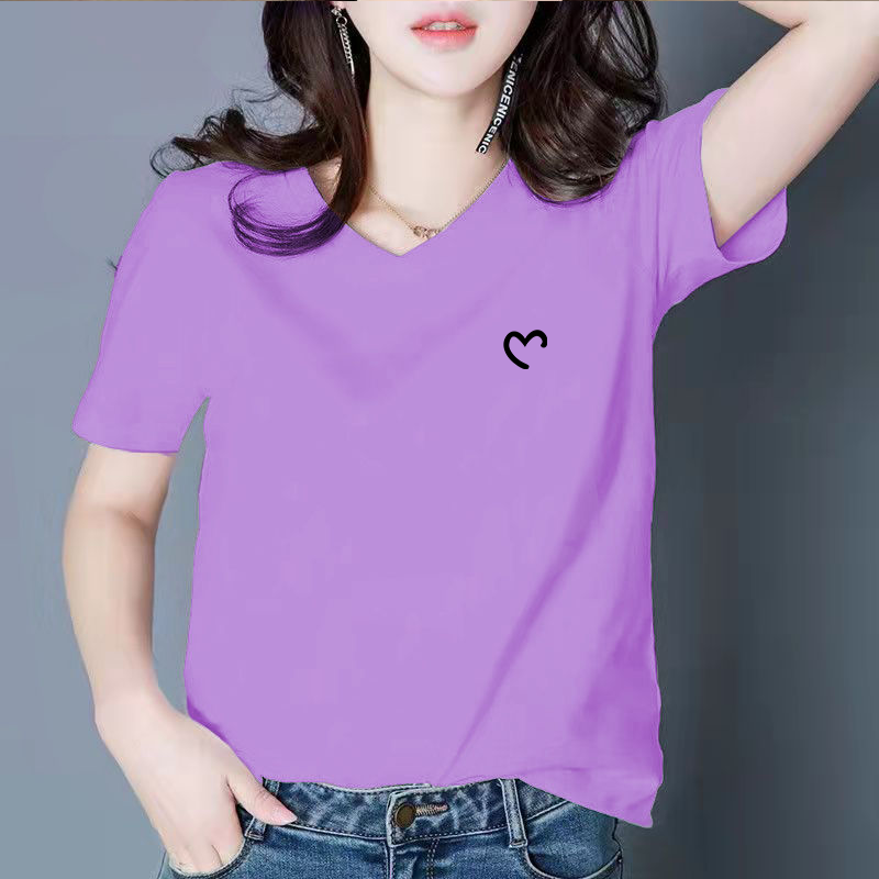 v領上衣女短袖t恤女寬鬆2023夏季新款半袖大碼女裝簡約百搭體恤女