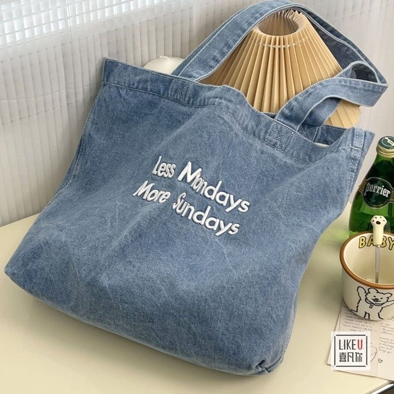 原創刺繡韓版ins水洗牛仔時尚百搭通勤早八單肩手提牛仔托特女包