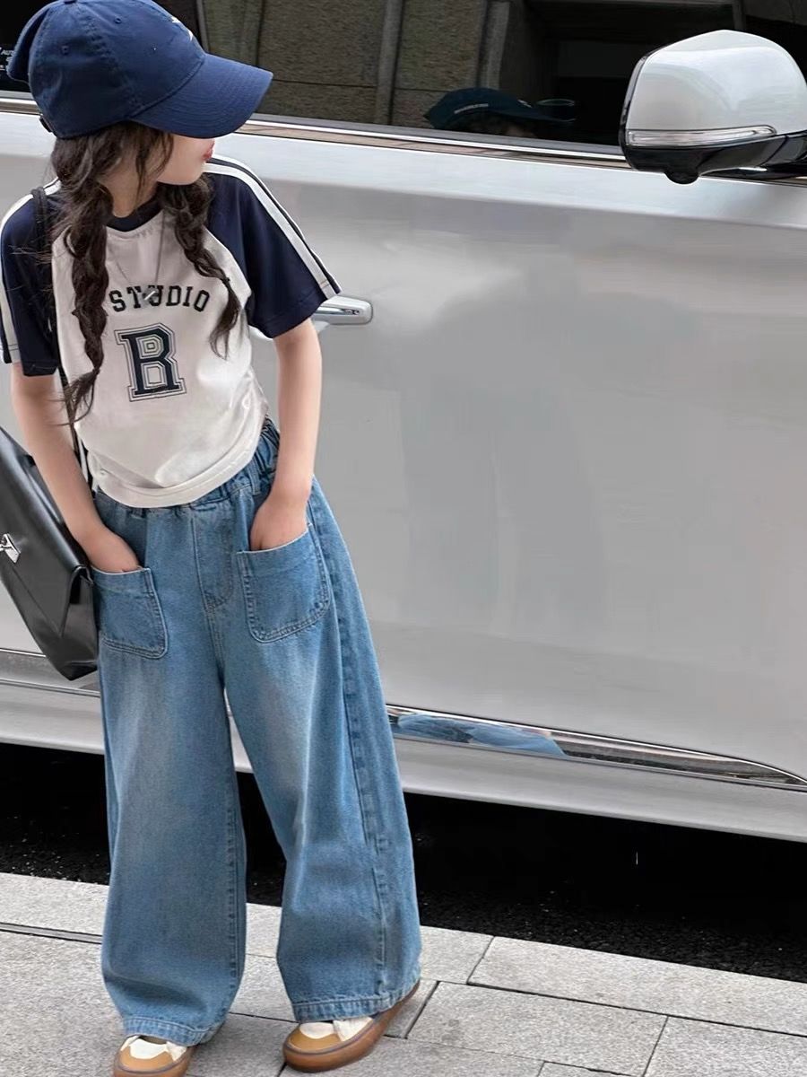 Korean children's clothing girls short-sleeved suit 2023 summer children's denim wide-leg straight pants girls pure cotton T-shirt short-sleeved