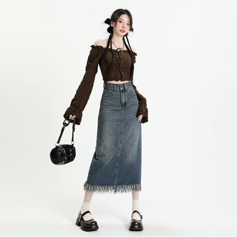 Plus size skirt for fat mm, spring tassel denim skirt covers the flesh and looks slimming, mid-length A-line skirt for slightly fat pear-shaped body