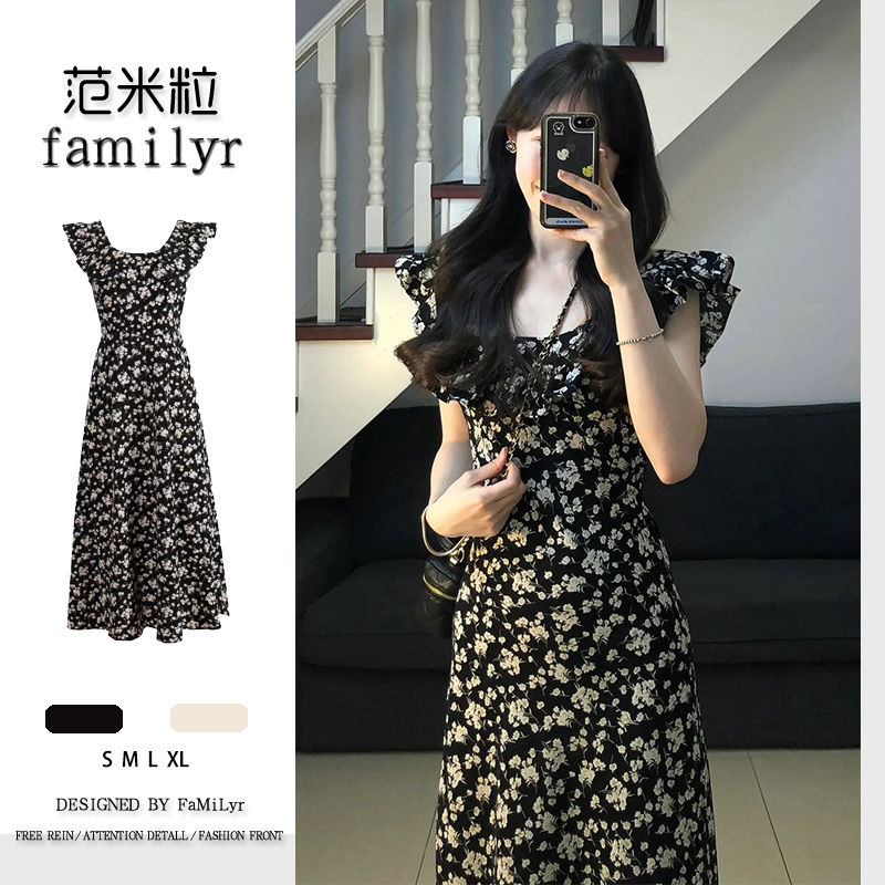 Hong Kong style French wood ear floral dress women's summer new design sense hot girl pure desire short-sleeved waist waist dress