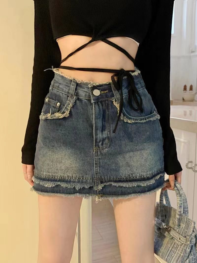 美式復古毛邊短裙女夏季高腰顯瘦A字包臀裙大碼胖mm牛仔半身裙子