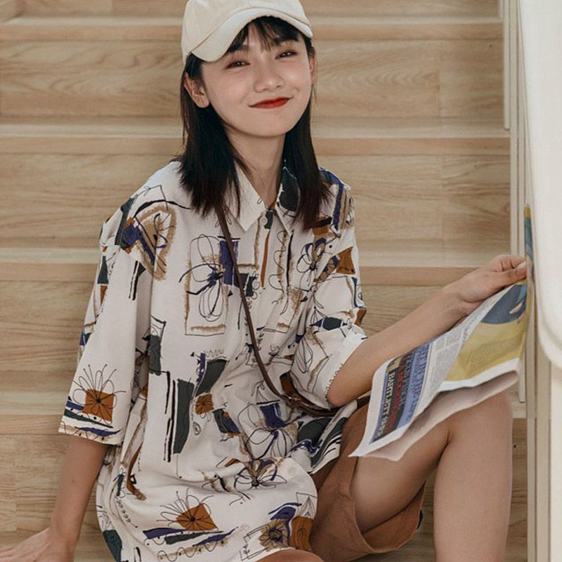Grigio top design niche women's shirt short-sleeved summer new Korean style loose student printed shirt