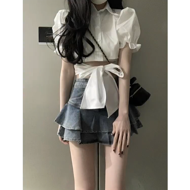 套裝女2023夏新款辣妹設計感泡泡袖蝴蝶結系帶短款襯衫牛仔半身裙