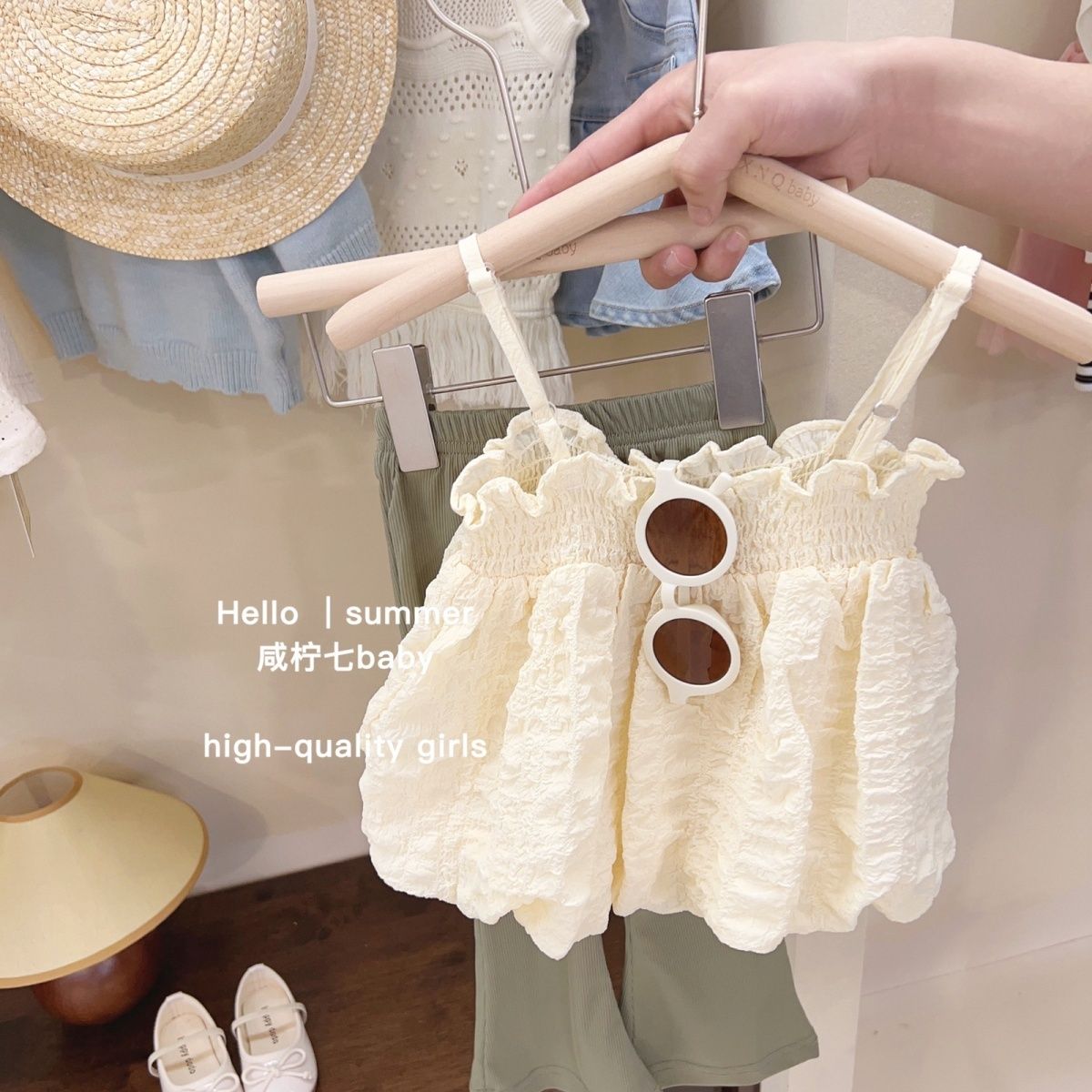 Korean children's clothing girl's camisole 2023 summer foreign style baby fashionable wooden ears sweet solid color top