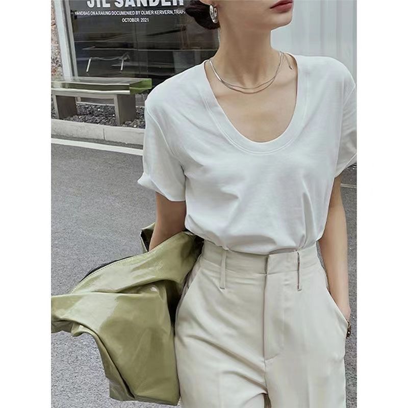 Heping U-neck short-sleeved T-shirt for women pure cotton loose 2022 new style simple slimming solid color white T-shirt for women summer large size